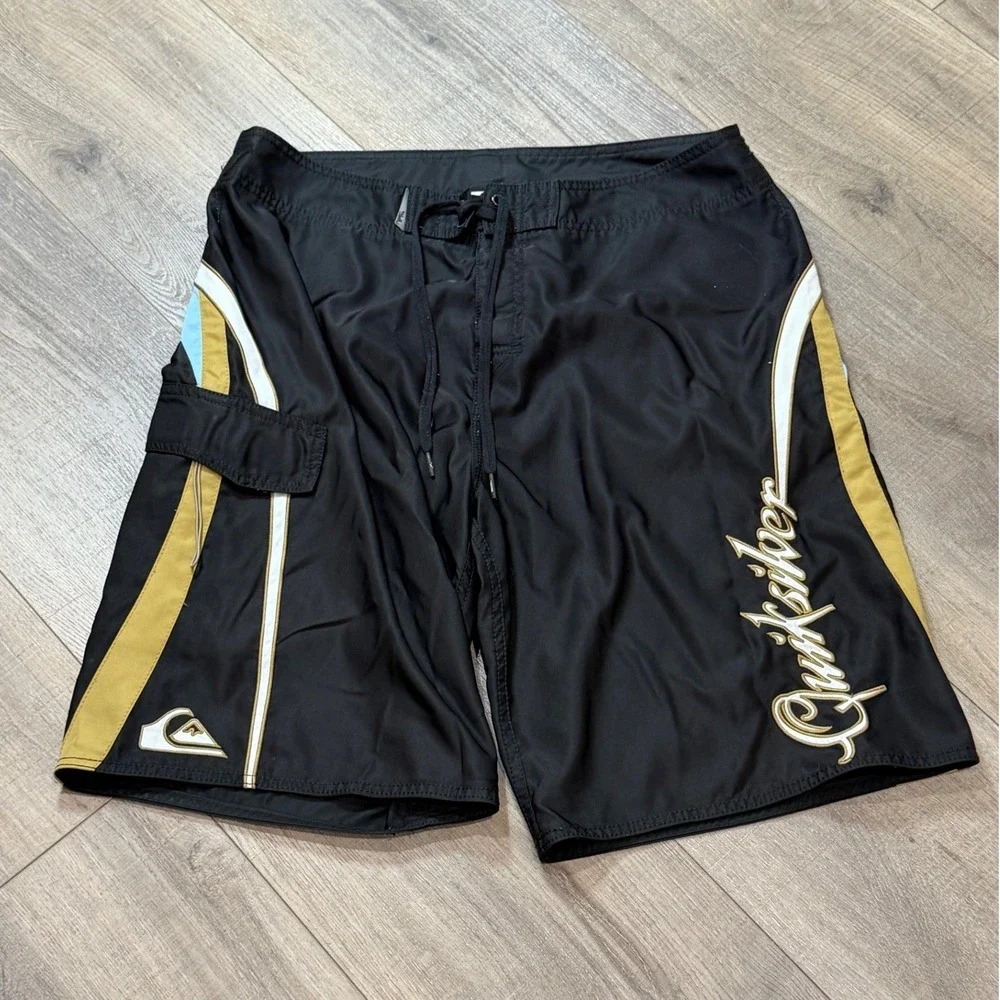 Vintage Y2K Quiksilver Mens 36 Board Shorts Black Gold Blue Embroidered RARE